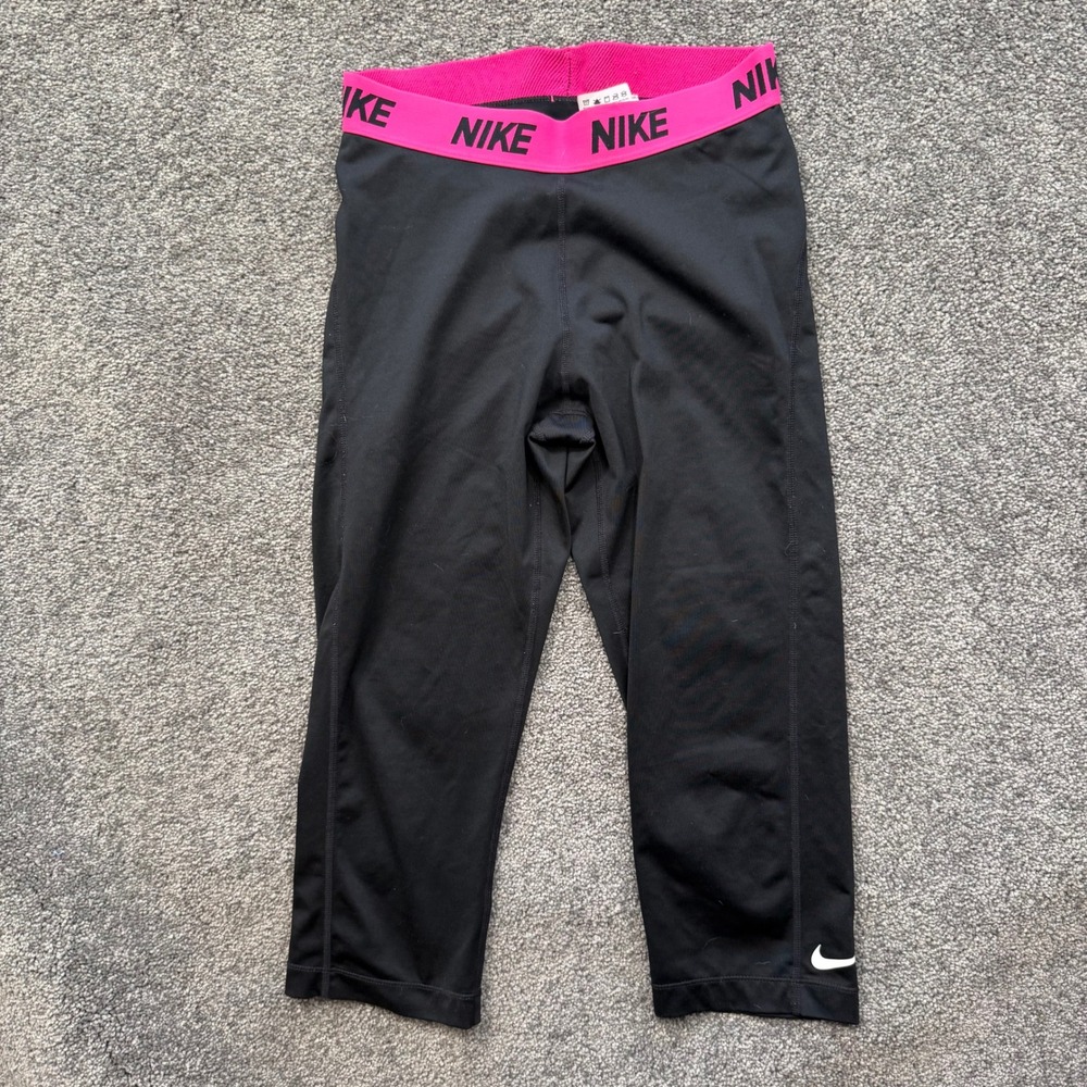 Nike Pro Womens Black Pink Logo Waistband Capri Leggings 824405-011 Size M